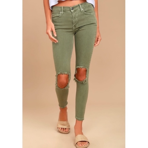 Free People Olive Green Distressed Skinny Jeans 24 - Picture 2 of 16